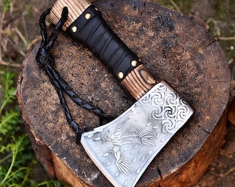Hand-Forged Viking Axe – Engraved Carbon Steel Blade, Ash Handle, Norse Craftsmanship