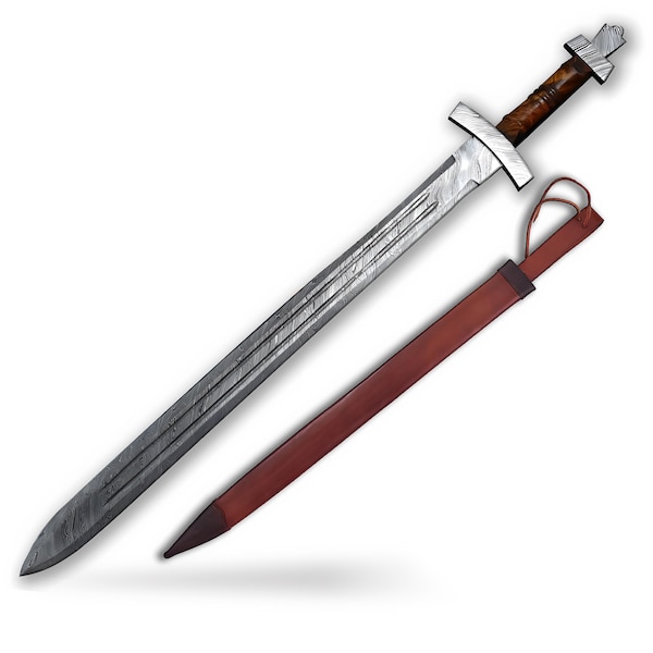 Handmade Damascus Steel Sword with Leather Sheath: Medieval Knight Gift