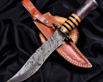 Handcrafted Damascus Steel Bowie Knife, Wood Handle, Leather Sheath, Collector Outdoor Tool