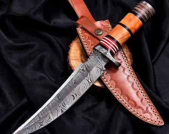 Damascus Steel Bowie Knife with Handcrafted Leather Sheath – Collector Outdoor Tool