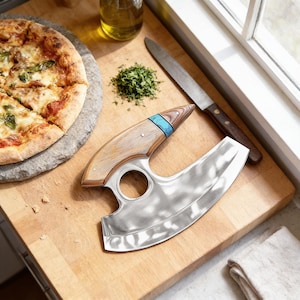 Wood Handle Ulu Knife - Pizza Cutter and Herb Chopper