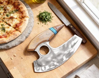 Wood Handle Ulu Knife - Pizza Cutter and Herb Chopper