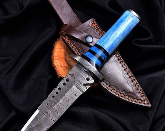 Hand-Forged Damascus Steel Knife, Blue Resin Handle, Leather Sheath, Outdoor Enthusiast Tool