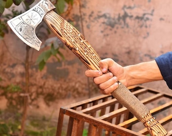 Hand-Forged Viking Axe – Engraved Carbon Steel, Jute-Wrapped Ash Handle, Norse Design