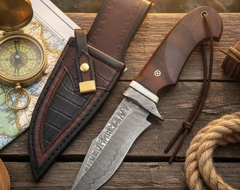 Handmade Damascus Steel Hunting Knife: Walnut Burl Handle, Leather Sheath