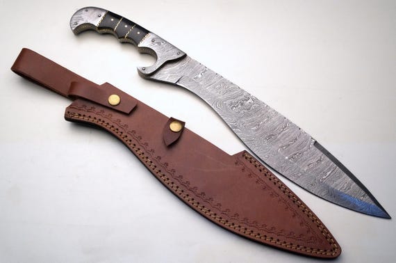 Hand-Forged Damascus Steel Short Sword: Artisan Shashka with Leather Cover