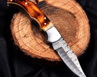 Damascus Steel Folding Knife: Exotic Hardwood Handle, Outdoor Enthusiast, Collector Gift