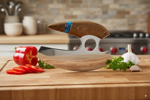 Hand Forged Ulu Knife: Walnut Handle, Stainless Steel Blade - Camp, Kitchen & Outdoor