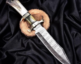 Hand-Forged Damascus Steel Knife, Polished Antler Handle, Outdoor Collector Blade