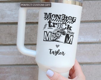 Personalized Monster Truck Mom 40oz Tumbler, 40 Ounce Trendy Grunge Monster Trucks Checkered Mama of Boys Travel Mug, Tumbler Cup with Straw