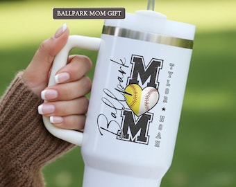 Personalized Ballpark Mom 40 oz Tumbler with Kids Name, Baseball Softball Mom 40 Ounce Travel Mug, Mothers Day Gift Tumbler Cup with Straw