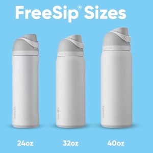 May include: Three white Owala FreeSip water bottles in various sizes: 710ml, 946ml, and 1183ml. Each bottle features a grey lid with an integrated handle and a white body. The bottles are set against a light blue backdrop, with the text "FreeSip Sizes" at the top.
