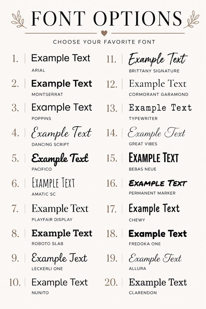 K&ouml;nnte beinhalten: Beige Grafik mit Schriftoptionen. Der Text lautet "FONT OPTIONS" und "W&Auml;HLEN SIE IHRE LIEBLINGS-SCHRIFTART". Zwanzig Schriftbeispiele werden angezeigt, jedes mit dem Namen der Schriftart, wie Arial und Montserrat.