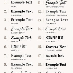 May include: A beige graphic with the text "FONT OPTIONS" and "CHOOSE YOUR FAVORITE FONT". Twenty font options are displayed, each with an example and the font name, including Arial, Montserrat, and Dancing Script.