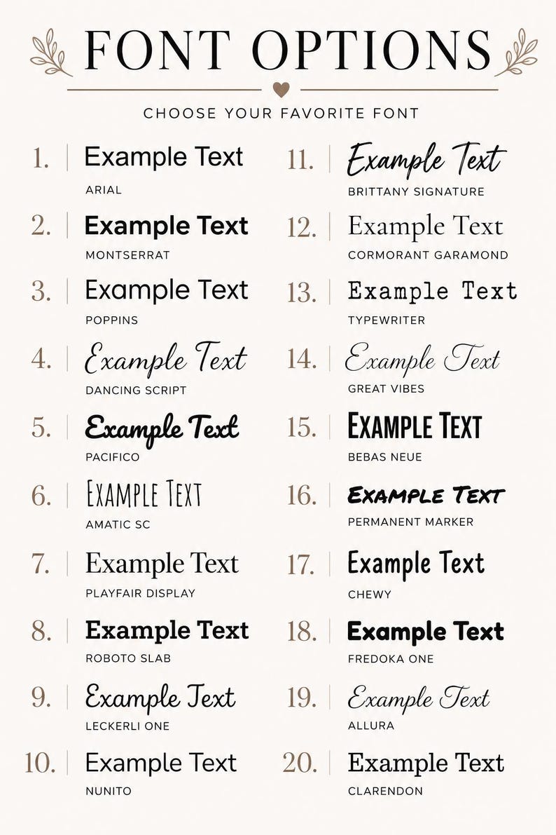 May include: A beige graphic with the text "FONT OPTIONS" and "CHOOSE YOUR FAVORITE FONT". Twenty font options are displayed, each with an example and the font name, including Arial, Montserrat, and Dancing Script.