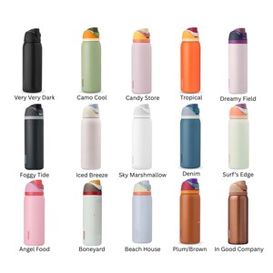 May include: Collection of insulated water bottles in various colors, including black, green, pink, orange, and blue. Each bottle has a unique name printed below, such as "Very Very Dark" and "Candy Store". The bottles have a sleek, modern design.