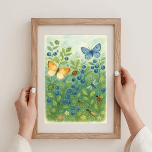 Baby blues blueberry Schmetterling Bienen Kinder Garten Blaubeere A3 Aquarell druckbare Kunst, Kinderzimmer