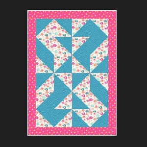 May include: A rectangular quilt featuring a central pattern of alternating teal triangles and a white fabric printed with small colorful elephants. The quilt is framed by a bright pink border decorated with a repeating pattern of tiny yellow stars.