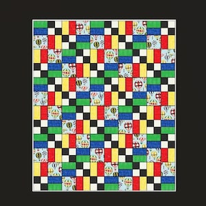 May include: A colorful patchwork quilt with a repeating pattern of squares. The squares are in red, yellow, green, and blue, with black and white accents. Some squares feature hot air balloon designs.