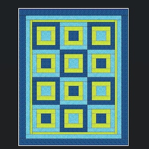 Puede incluir: Un edredón geométrico con un patrón repetitivo de cuadrados y rectángulos. El edredón presenta una combinación de colores azul, azul claro y verde amarillento. El diseño está enmarcado por un borde azul oscuro, creando una composición visualmente atractiva y estructurada.