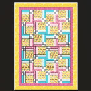 May include: A colorful quilt with a repeating pattern of squares and rectangles. The quilt features a yellow border, pink and blue accents, and a central design with yellow squares filled with a repeating pattern of small cars. The quilt is a patchwork design.
