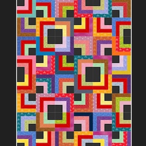 May include: A vibrant quilt with a geometric design. The quilt showcases squares within squares in a range of colours, including red, yellow, blue, green, and purple. The design is set against a black background.