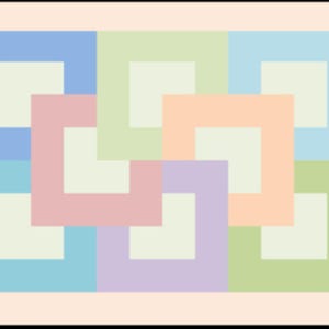 May include: A rectangular graphic print featuring a grid of interlocking square frames in pastel shades of blue, green, peach, and lavender. Each square frame surrounds a central light cream square, all set against a solid light cream border.