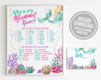 Mermaid Name Game Printable Sign, What's Your Mermaid Name Party Sign, Mermaid Party Sign, Mermaid Birthday Party Decorations v.6
