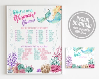 Mermaid Name Game Printable Sign, What's Your Mermaid Name Party Sign, Mermaid Party Sign, Mermaid Birthday Party Decorations v.6
