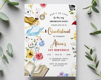 Editable Alice in Wonderland Invitation Template Mad Hatter Tea Party Invite Girl 1st Birthday Invitation Tea Party Instant Printable