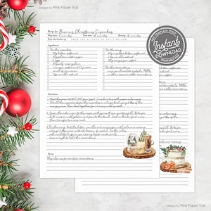 Editable Christmas Recipe Page Template Card, Watercolor Rustic Christmas Holiday Recipe Page Template PDF Instant Download Printable V.3