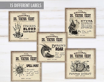 Etichette per pozioni da farmacia antica, etichette per pozioni, etichette per farmacisti in stile vintage, etichette stampabili per pozioni di Halloween per maghi e streghe