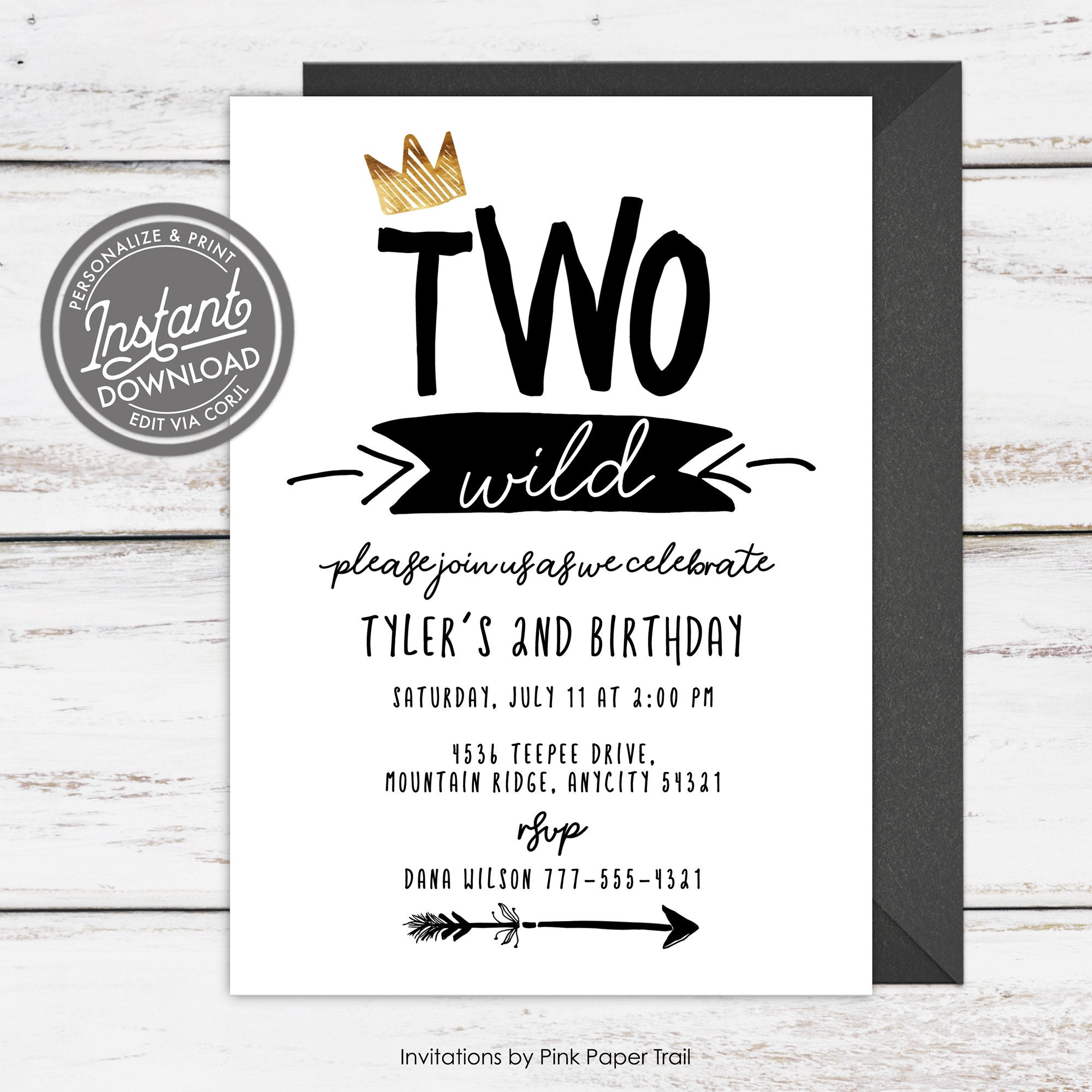 EDITABLE Boho Two Wild Birthday Invitation Black and White - Etsy