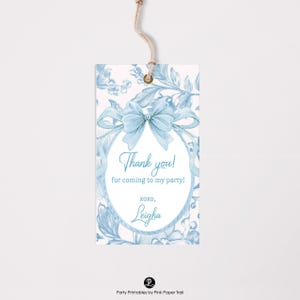 Chinoiserie Baby Shower Favor Tag Blue Toile de Jouy Thank You Tag with Bow, Editable Corjl Template Boy Baby Shower Label Instant Download