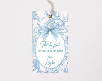 Chinoiserie Baby Shower Favor Tag Blue Toile de Jouy Thank You Tag with Bow, Editable Corjl Template Boy Baby Shower Label Instant Download