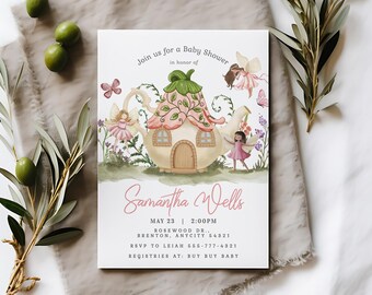 Fairy Garden Tea Party Baby Shower Editable Invitation, Enchanted Floral Fairies and Friends Baby Shower Fairy Invite Template