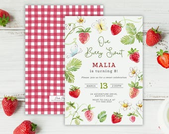 May include: A printable invitation for a birthday party with a strawberry theme. The invitation features a watercolor illustration of strawberries, butterflies, and flowers. The text reads "Our Berry Sweet Malia is turning 8!" with the date and time of the party.