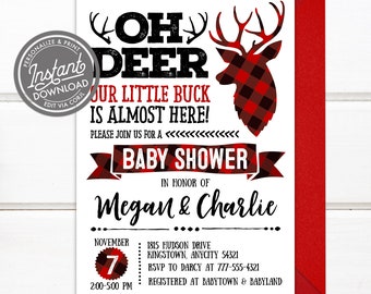 EDITABLE Little Buck Baby Shower Invitation, Hunting Deer Shower, Rustic Buffalo Plaid Invite, Boy Baby Shower DIY Invitation v.1