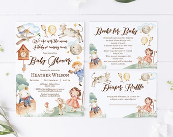 EDITABLE Nursery Rhyme Themed Baby Shower Invitation, Nursery Rhyme Characters Gender Reveal Invite with Books for Baby and Diaper Raffle