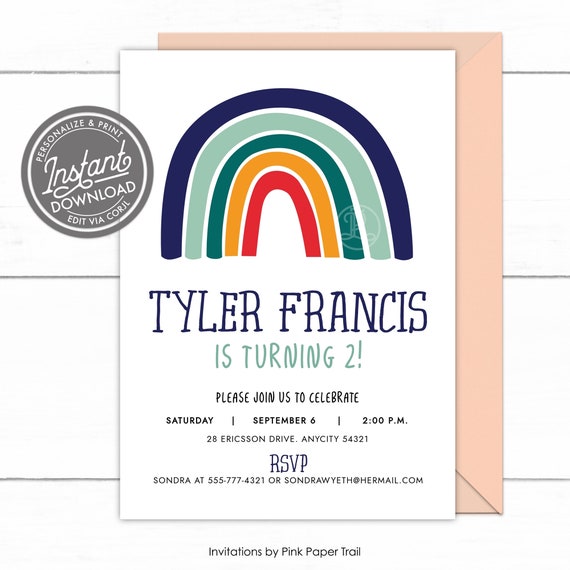 EDITABLE Modern Rainbow Birthday Invitation, Mod Minimalist Scandinavian Style Muted Rainbow Boy Birthday Invitation, Instant Access Il_570xn