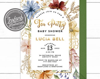 EDITABLE Wildflower Tea Party Baby Shower Invitation, Wildflower Floral High Tea Party Shower Invitation Template Printable Download