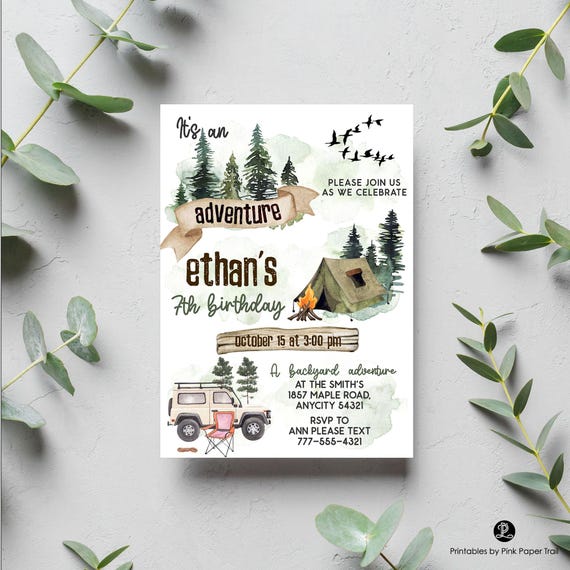 EDITABLE Outdoor Adventure Camping Nature Trail Birthday Invitation, Nature Exploration Summer Camping Invitation Instant Access Corjl