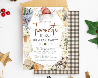 May include: A holiday party invitation card featuring watercolor illustrations of wrapped gifts, a Santa hat, and snowflakes. The text reads: Join us for a Favourite Things Holiday Party, Dec 16 6 PM, The Thompson's Home, 26 Red Berry Lane.