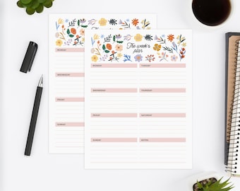 Printable Floral Weekly Planner Template, Minimalist Weekly Planner Page A4 & US Letter, Productivity Organizer, Instant Download Stationery
