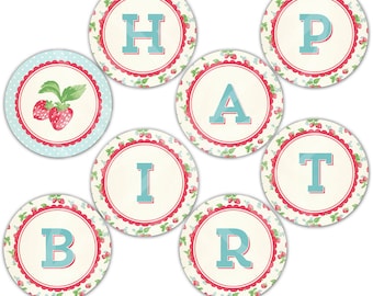 Strawberry Party Happy Birthday, ronde vlaggen, direct downloaden, zelf printen