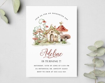May include: A printable invitation for a 7th birthday party. The invitation features a watercolor illustration of a whimsical cottage with mushrooms and flowers. The text reads "Join us for an enchanted day, Adeline is turning 7! Saturday, 15th of June at 2:00 PM, 24 Botanical Dr. Anycity 54321, RSVP to Chin at 555-444-321".
