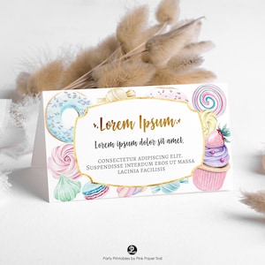 Editable Sweets Party Tent Card Food Labels Template, Pastels and Gold Donut Candies Dessert Sweet Birthday Baby Shower Printable Download