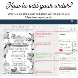 May include: A digital invitation template with a farm animal theme, featuring a barn, cow, pig, and sheep. The text reads "Oink, Cluck, Baa & Moo!" and "Charlotte is Turning 3". Instructions on how to edit the template are also shown.