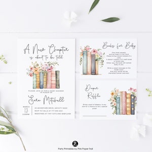 Storybook Theme Baby Shower Invite A New Chapter Book Baby Shower Party Invite Editable Template with Books for Baby Card with Diaper Raffle