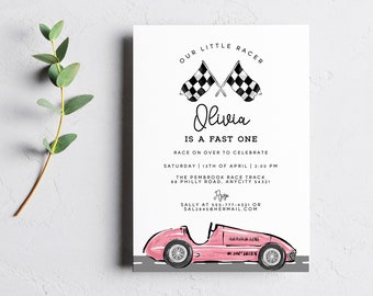 Pink Race Car Birthday Invitation Template, Fast One Pink Race Car First Birthday Invite, Vintage Retro Race Car Printable Editable Template